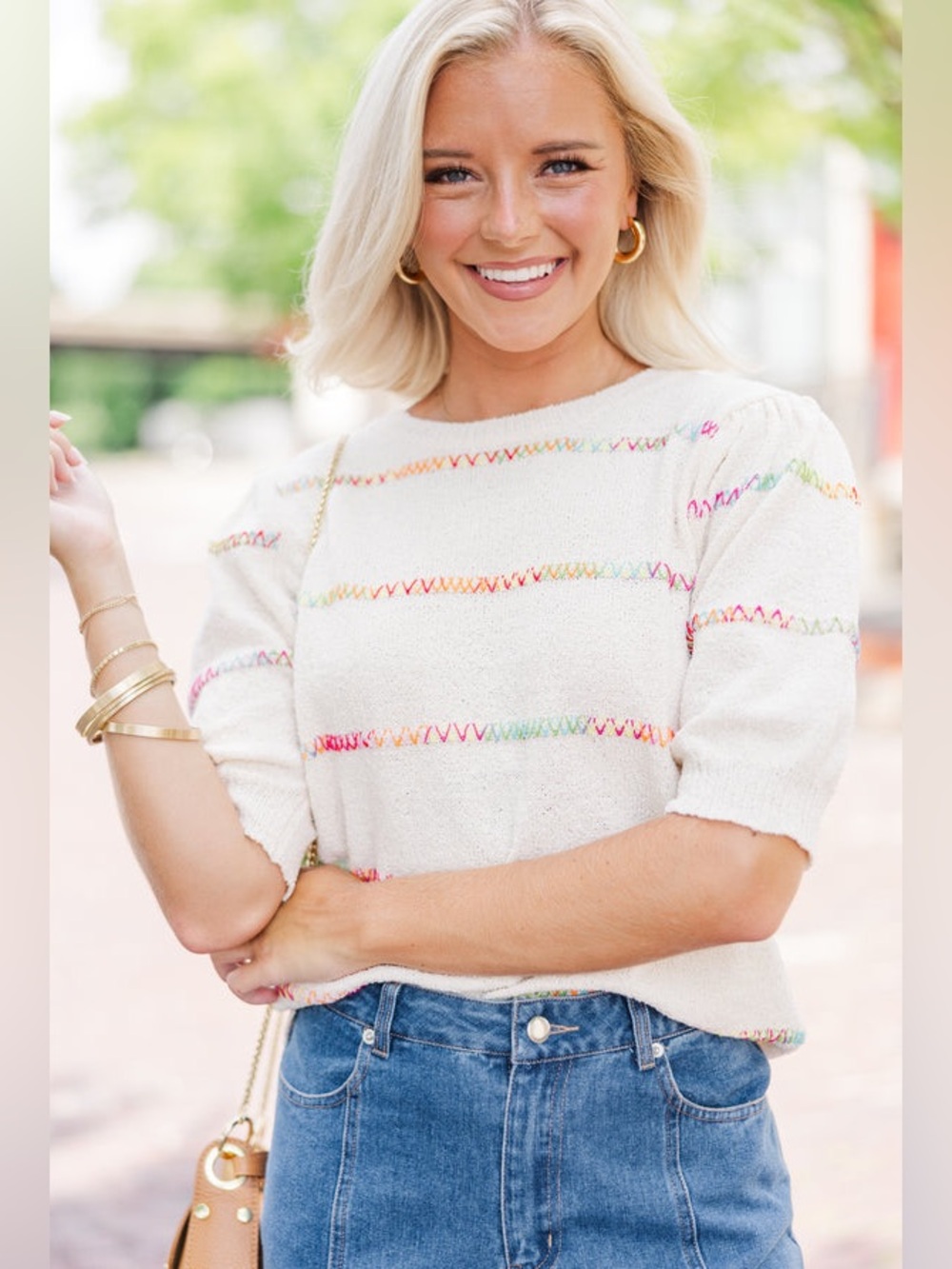 Fantastic Fawn Boutique Lavender Short-Sleeve Knit Sweater with Rainbow Stitch